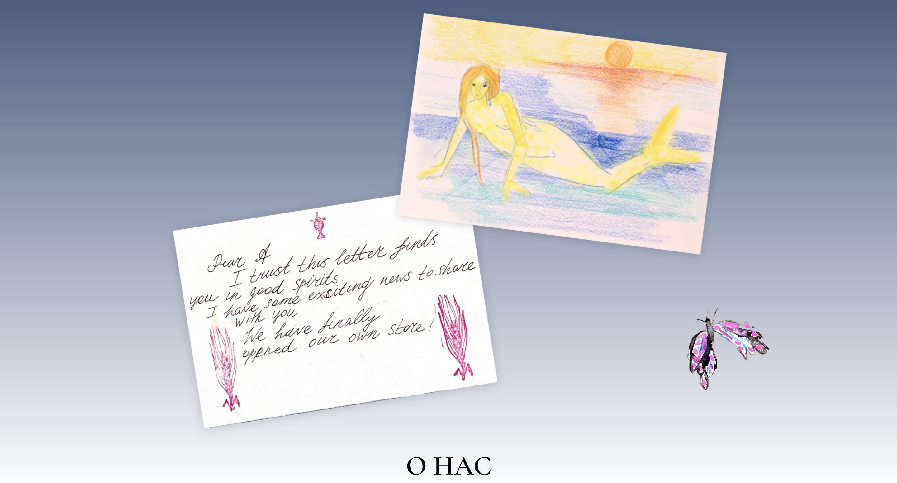 Artistic postcards with mermaid illustration and handwritten letter